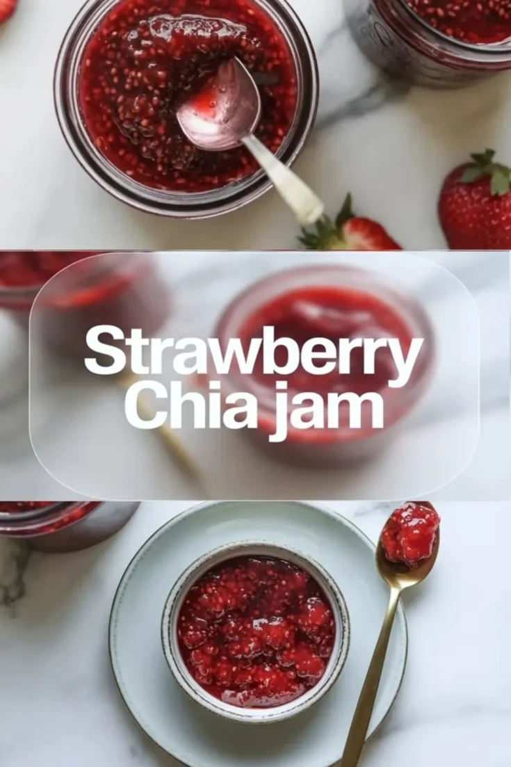 Three-image collage showcasing strawberry chia jam in a jar, bold text overlay saying “Strawberry Chia Jam,” and a bowl of jam with a gold spoon, placed on a white plate with fresh strawberries nearby.