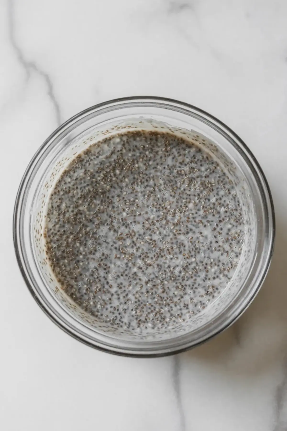 Glass bowl contains soaked chia seeds mixed with milk on a marble countertop. Thick chia pudding mixture shows gel texture for an easy overnight chia pudding recipe.
