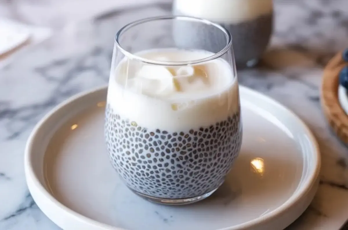 Glass cup filled with chia seed pudding and creamy yogurt sits on a white plate. Smooth yogurt layer covers the thick chia pudding base for a healthy make ahead breakfast.
