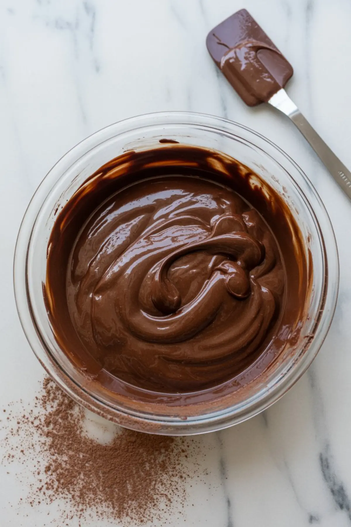 Glass bowl holds smooth melted chocolate with glossy swirl texture on white marble surface. Silicone spatula rests beside bowl and cocoa powder scatters on counter. Image shows rich chocolate ganache for baking, dessert filling, or brownie topping.
