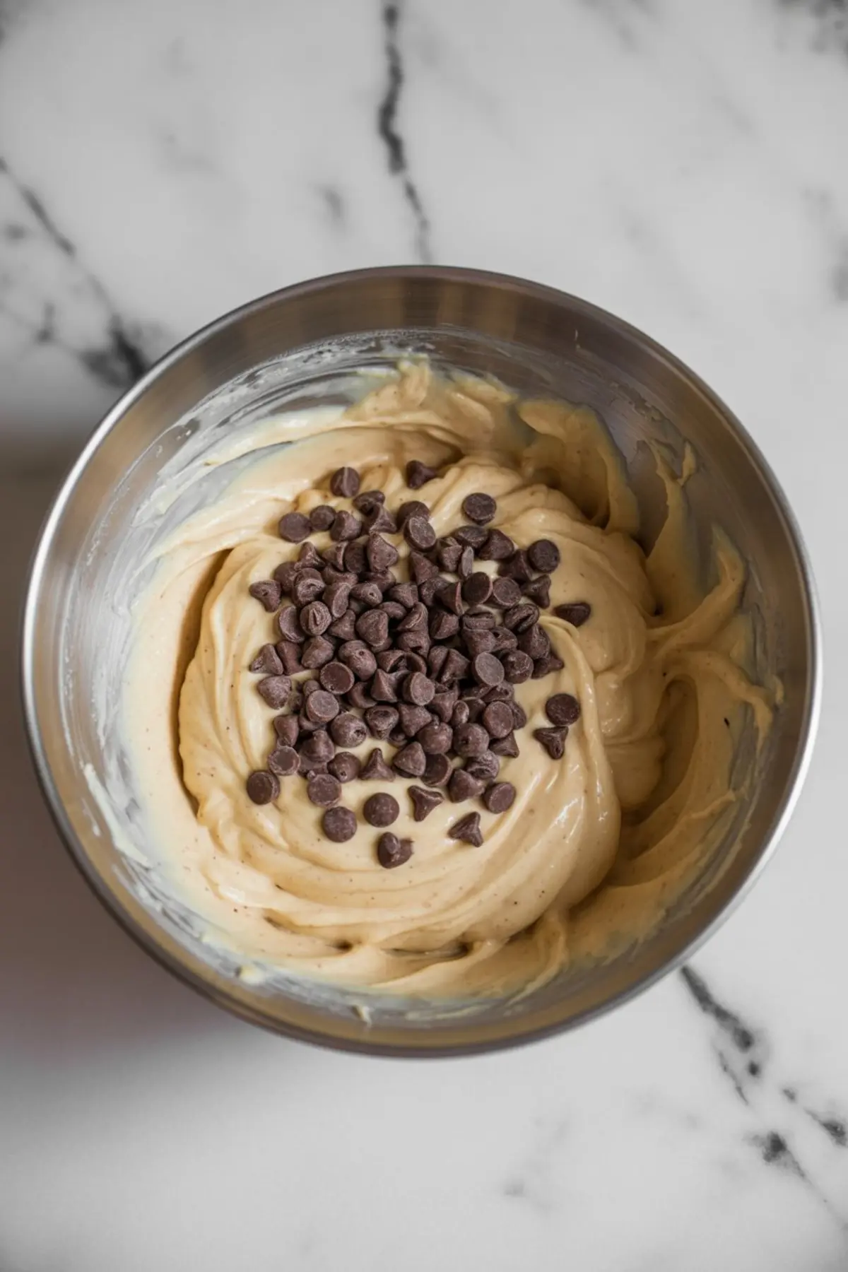 Metal mixing bowl holds creamy cookie dough cheesecake batter topped with mini chocolate chips. Thick vanilla batter swirls around chips on marble countertop. Image shows no bake cheesecake filling or cookie dough dessert mixture.
