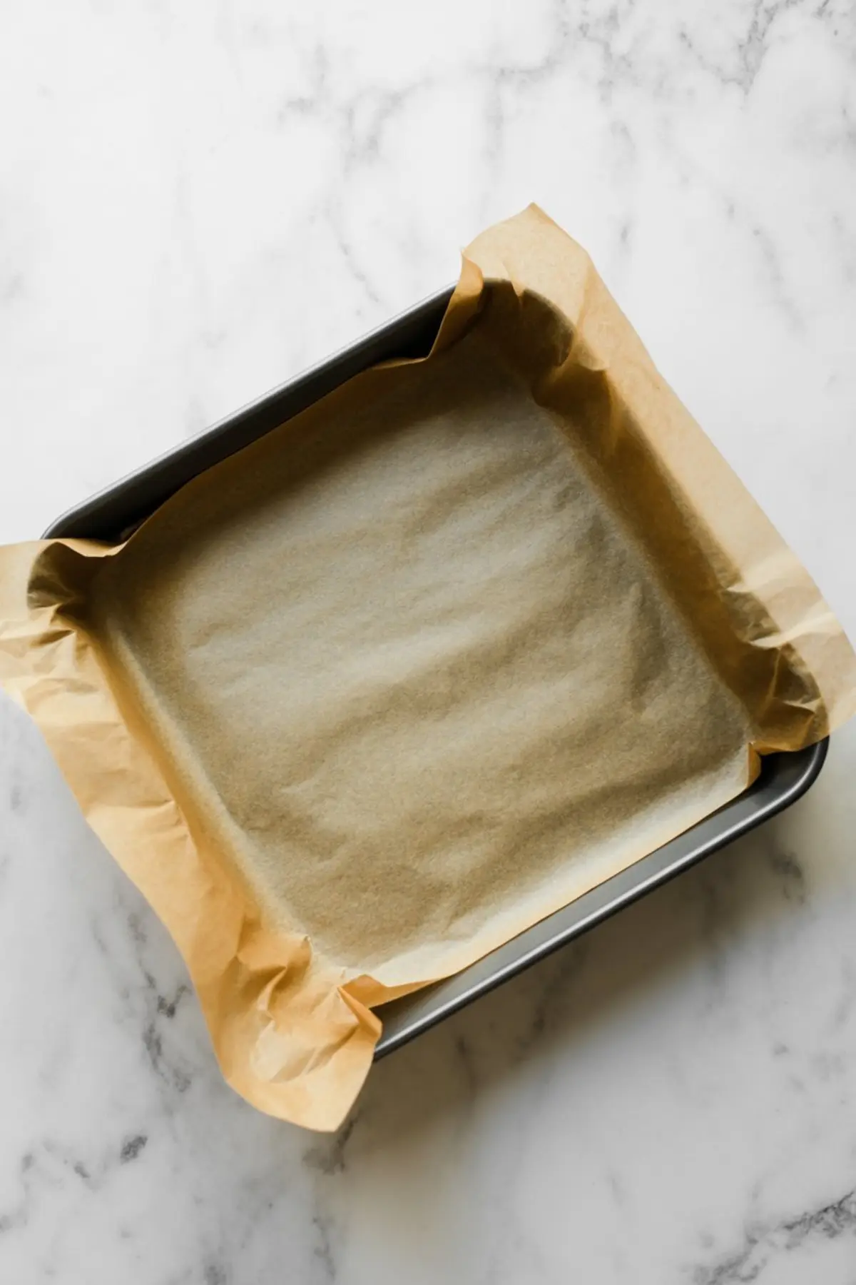 Square baking pan lined with parchment paper sits on marble surface. Light brown sugar or crust layer spreads evenly inside pan. Image shows prepared baking dish for layered cheesecake bars or brownie base.
