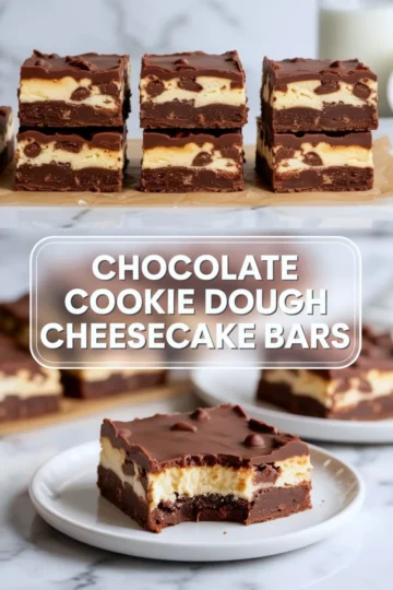 Vertical collage shows stacked chocolate cookie dough cheesecake bars with thick brownie crust, vanilla cheesecake layer, and glossy chocolate top. Bars display visible chocolate chips and clean dessert layers. Text overlay reads chocolate cookie dough cheesecake bars.