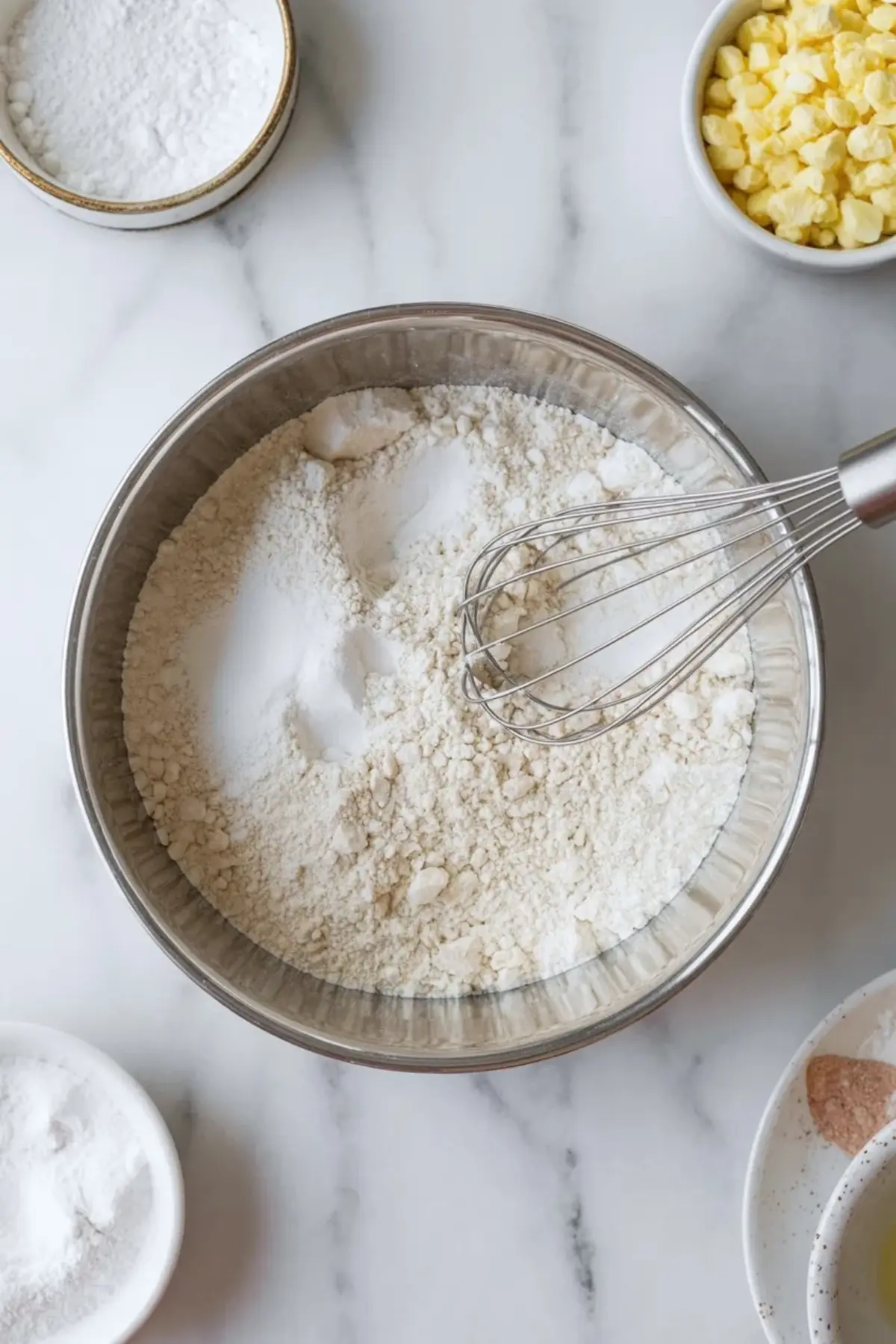 Overhead view of flour mixture in a metal mixing bowl with a whisk, surrounded by bowls of baking powder and diced butter on a marble surface for muffin batter preparation.