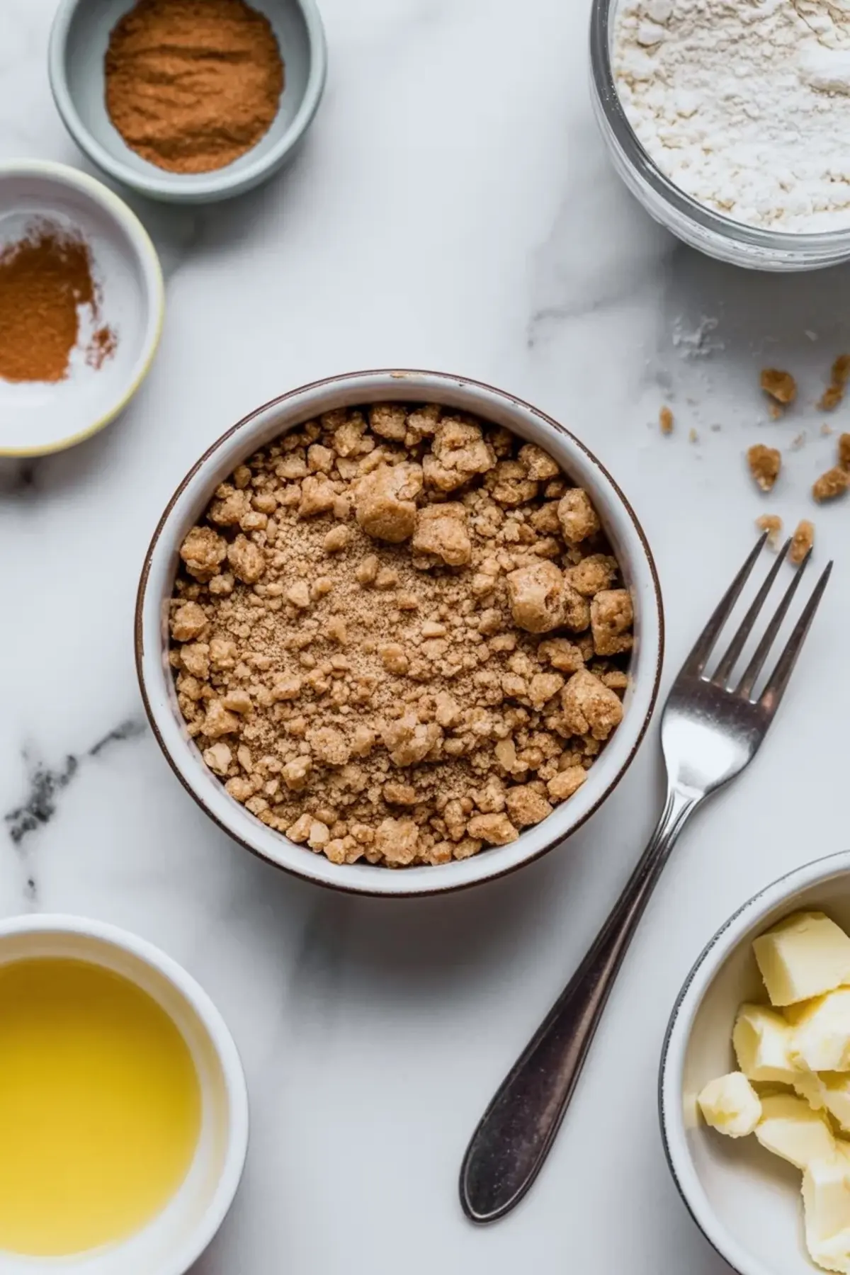 Crumb topping mixture in a ceramic bowl surrounded by ingredients like ground cinnamon, flour, diced butter, and oil on a white marble counter.