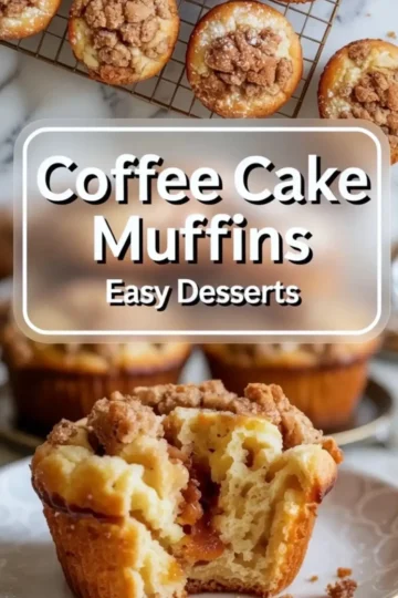 Close-up of coffee cake muffins with crumb topping, featuring a halved muffin showing cinnamon sugar filling and moist texture, ideal for easy dessert inspiration.