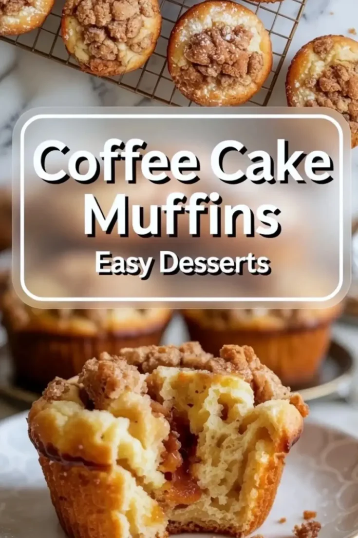 Close-up of coffee cake muffins with crumb topping, featuring a halved muffin showing cinnamon sugar filling and moist texture, ideal for easy dessert inspiration.