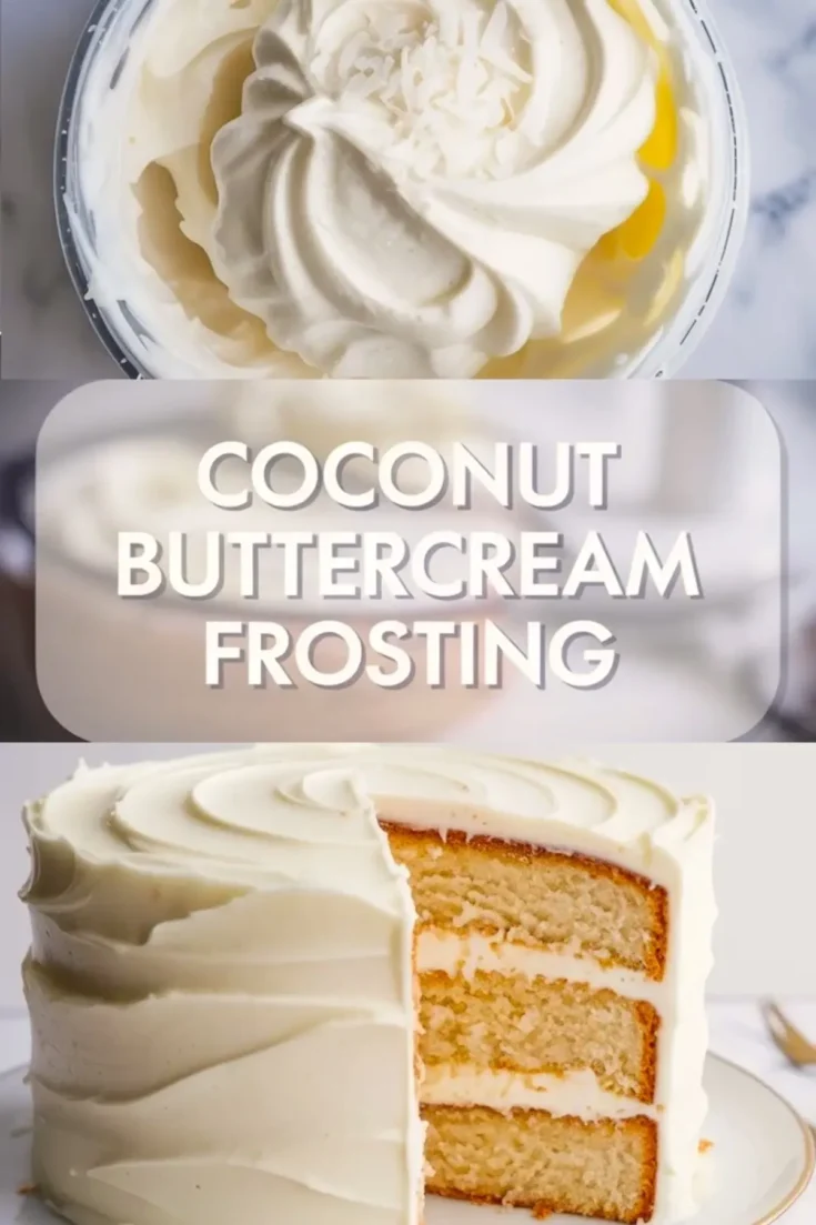 Vertical collage shows coconut buttercream swirled in a bowl topped with shredded coconut, bold text reading “Coconut Buttercream Cake Filling,” and a sliced vanilla layer cake coated in creamy buttercream. The cake displays even sponge layers with rich coconut filling and smooth frosting texture.