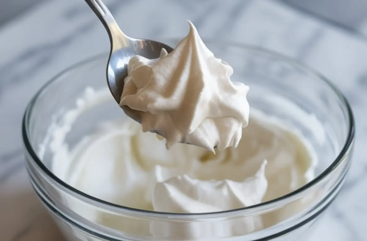Spoon lifts a dollop of coconut whipped cream from a glass bowl. The cream forms stiff peaks with defined ridges and a silky texture. The background shows a marble surface. This image highlights thick vegan whipped cream for cake topping and dairy free frosting.
