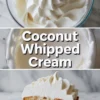 Top section shows a bowl filled with smooth coconut whipped cream piped into soft swirls. Middle text overlay reads “Coconut Whipped Cream.” Bottom section shows a slice of vanilla layer cake filled and topped with coconut whipped cream on a ceramic plate. The cake crumb looks moist and airy. This collage presents coconut whipped cream as cake filling and dairy free dessert frosting.