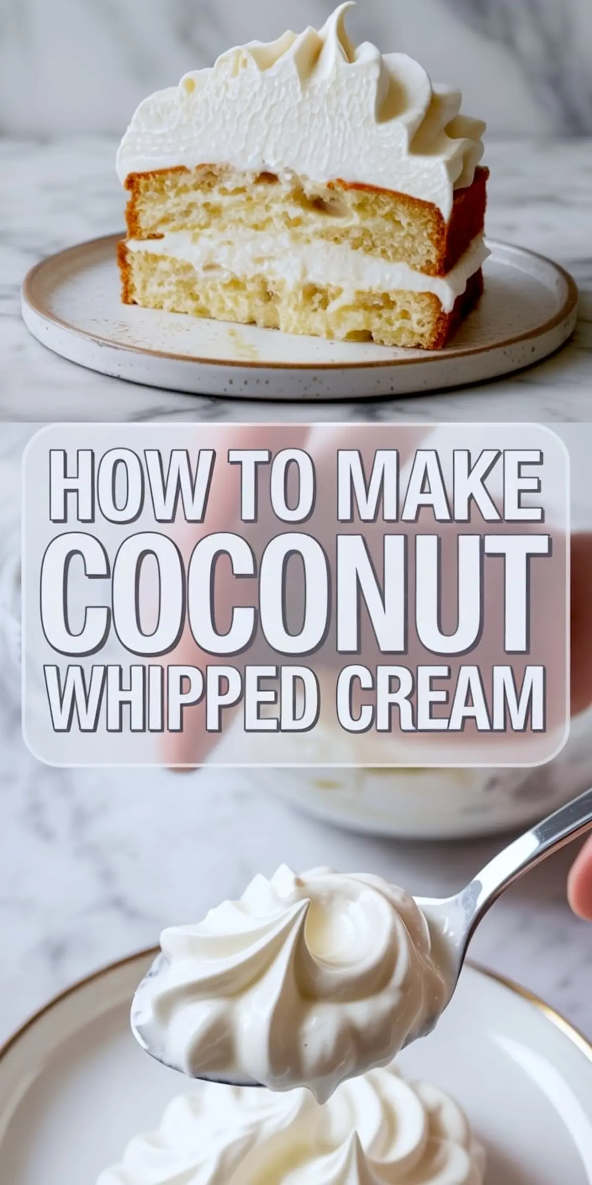 Close up shows a slice of vanilla layer cake topped with thick coconut whipped cream frosting. The cake reveals two layers with creamy filling in the center. The texture appears light and moist. This image showcases dairy free cake filling and coconut cream frosting for homemade desserts.
