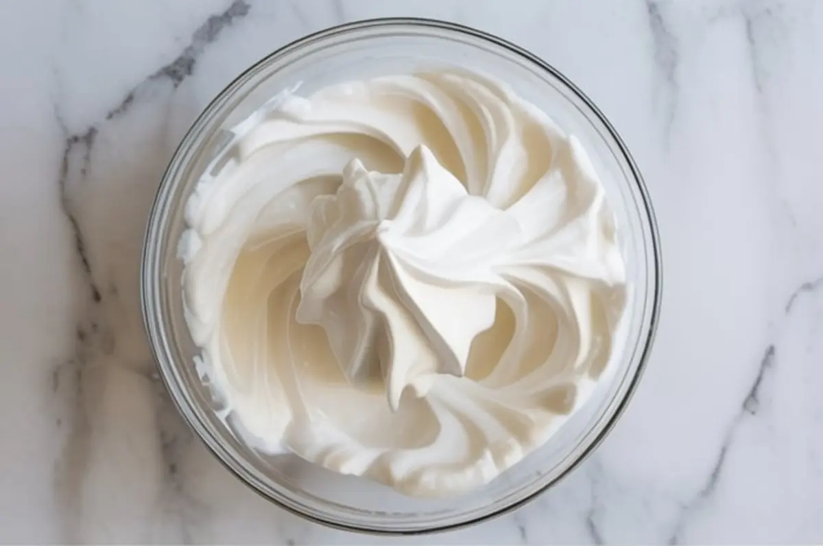 Glass bowl holds finished coconut whipped cream with smooth swirls and a piped peak in the center. The cream looks thick, airy, and stable. The bowl sits on a white marble countertop. This image highlights homemade vegan whipped cream for cakes, cupcakes, pies, and dairy free dessert toppings.
