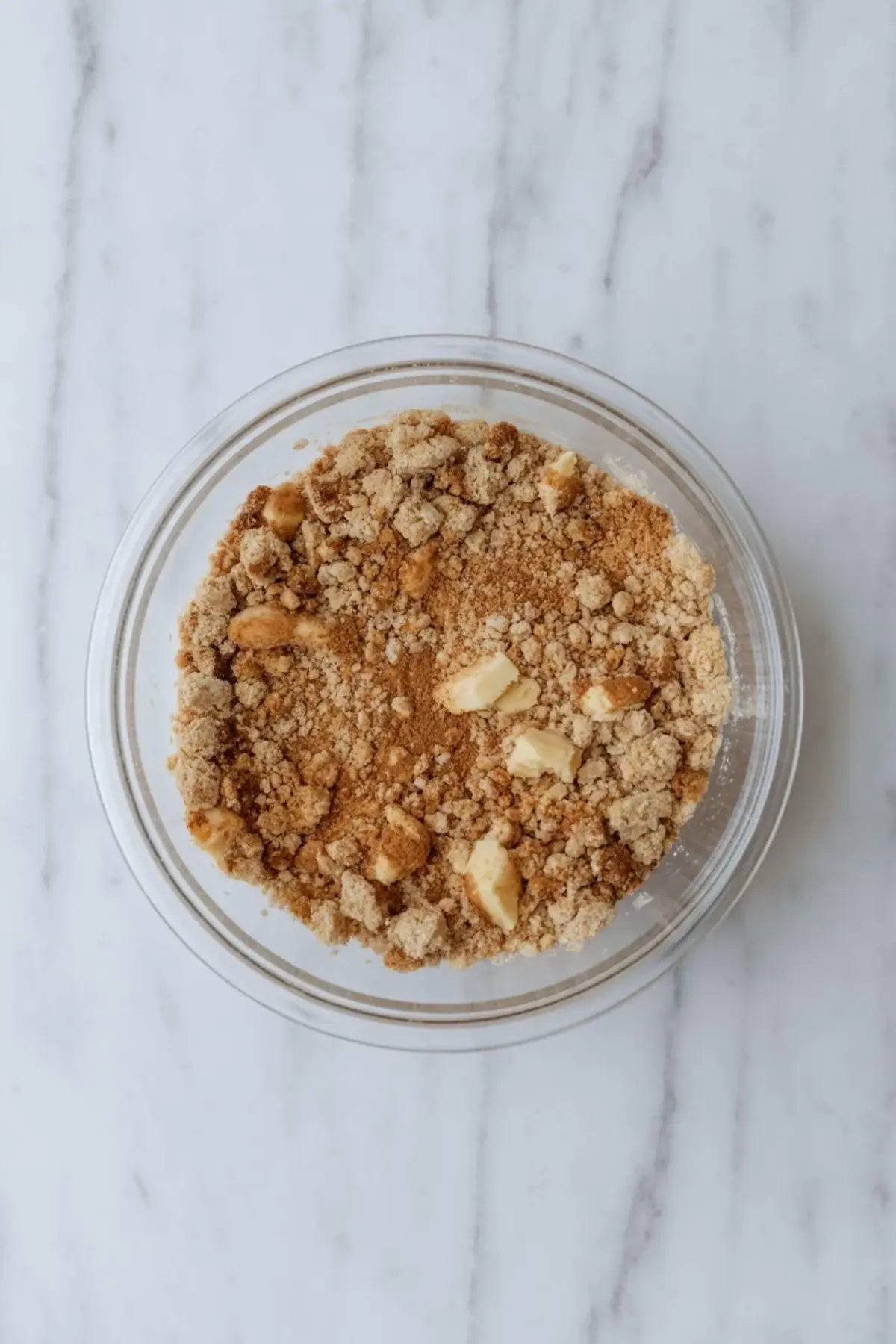 Glass bowl holds brown sugar cinnamon streusel topping with butter chunks on white marble surface, showing crumb texture for coffee cake cookies recipe.