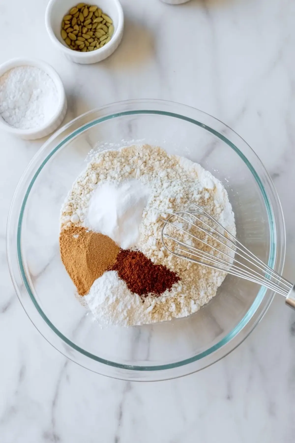 Glass mixing bowl holds flour, sugar, ground cardamom, instant coffee powder, baking powder, and baking soda on a marble countertop. A metal whisk rests inside the dry ingredients. Small white bowls with green cardamom pods and powdered sugar sit nearby. Overhead view shows organized baking ingredients for coffee cardamom sugar cookies.