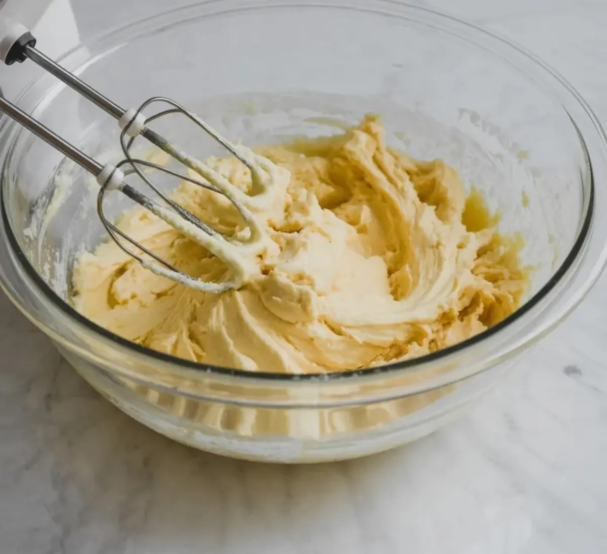 Vanilla cupcake batter mixes in a glass bowl with electric hand mixer beaters. Thick pale batter forms soft peaks as the mixer blends ingredients for moist coffee cupcakes.