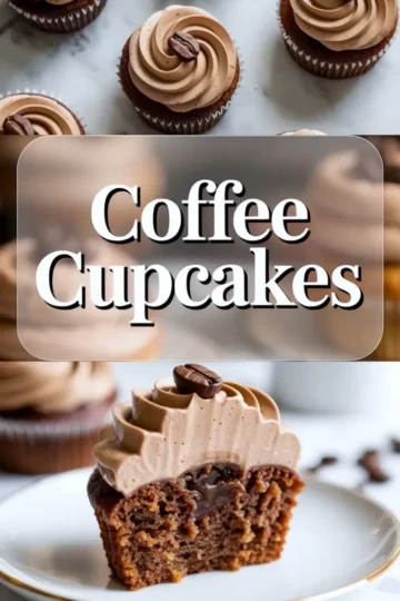 Vertical collage shows rows of coffee cupcakes with piped espresso frosting, large “Coffee Cupcakes” text banner, and a close view of a cupcake with creamy filling inside. Light brown buttercream swirls and coffee bean topping create a bakery style dessert image.