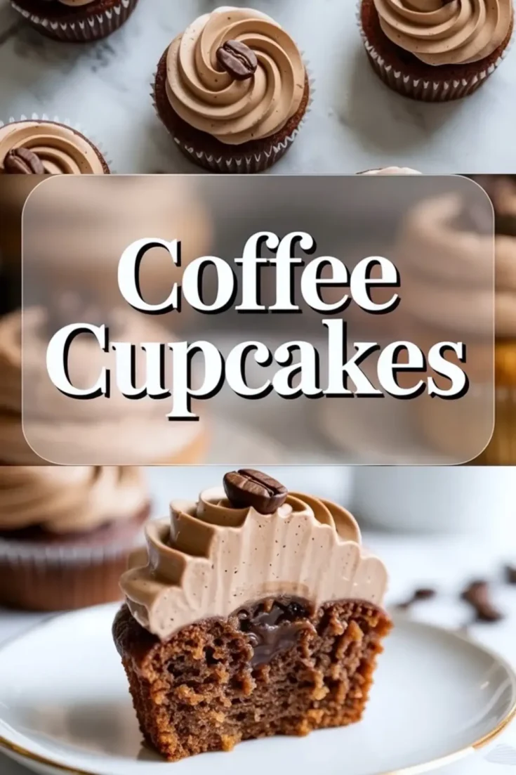 Vertical collage shows rows of coffee cupcakes with piped espresso frosting, large “Coffee Cupcakes” text banner, and a close view of a cupcake with creamy filling inside. Light brown buttercream swirls and coffee bean topping create a bakery style dessert image.