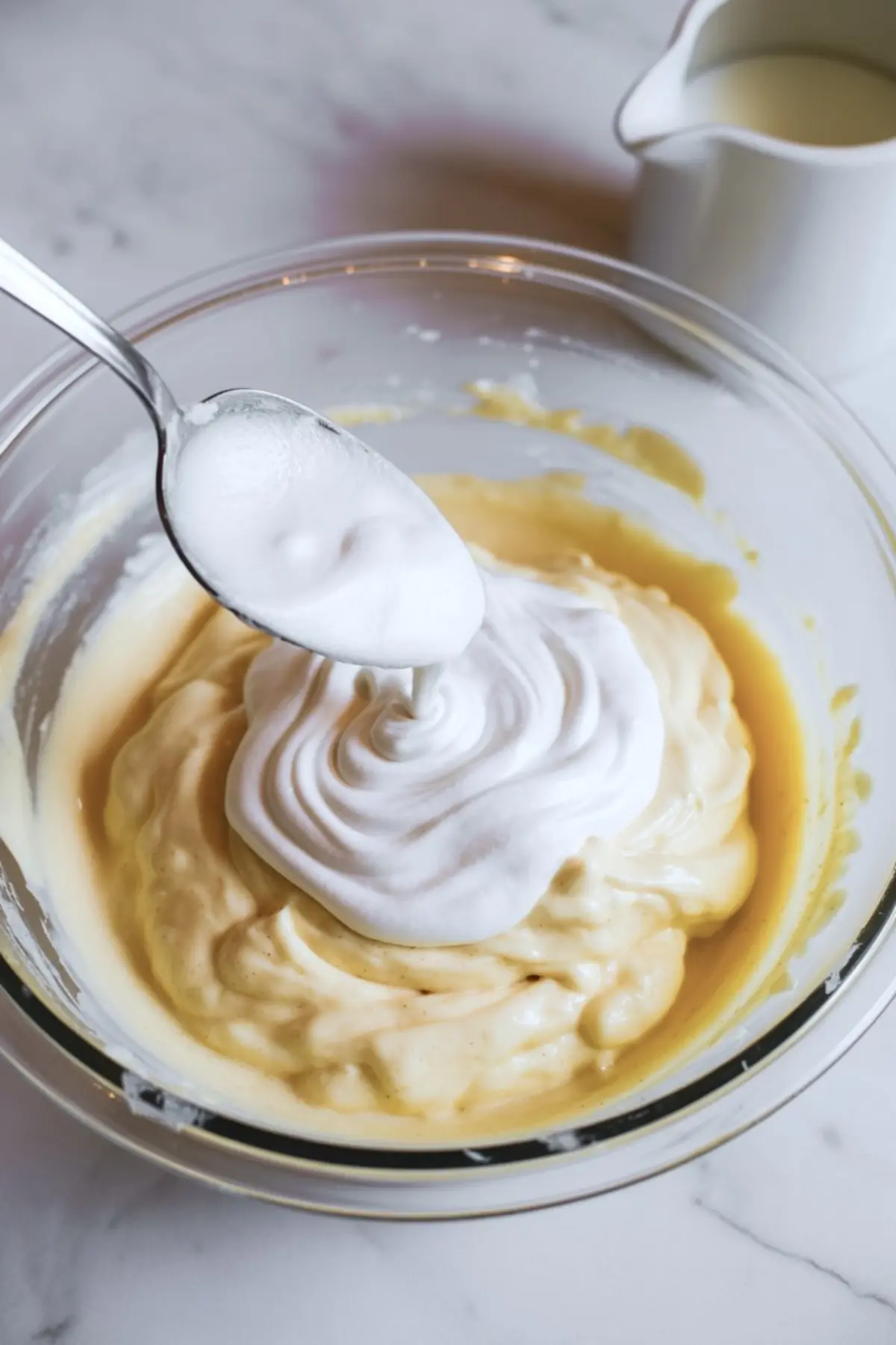 Metal spoon adds thick white cream to a bowl of whipped butter mixture. Frosting base shows glossy texture in clear glass bowl, process of making creamy vanilla cookie frosting.
