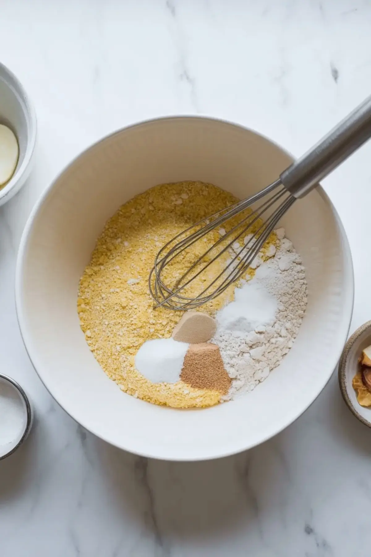 Overhead view shows a white mixing bowl filled with cornmeal, all purpose flour, sugar, baking powder, baking soda, and salt as a metal whisk rests inside the dry ingredients on a marble countertop, step by step cornbread waffle batter preparation.