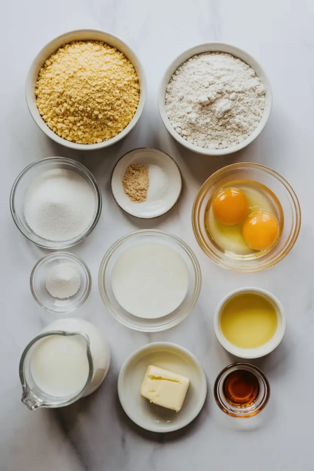 Flat lay displays measured cornbread waffle ingredients including cornmeal, flour, granulated sugar, eggs, milk, melted butter, vanilla extract, baking powder, baking soda, and salt arranged in small bowls on a white marble surface for easy homemade breakfast recipe prep.