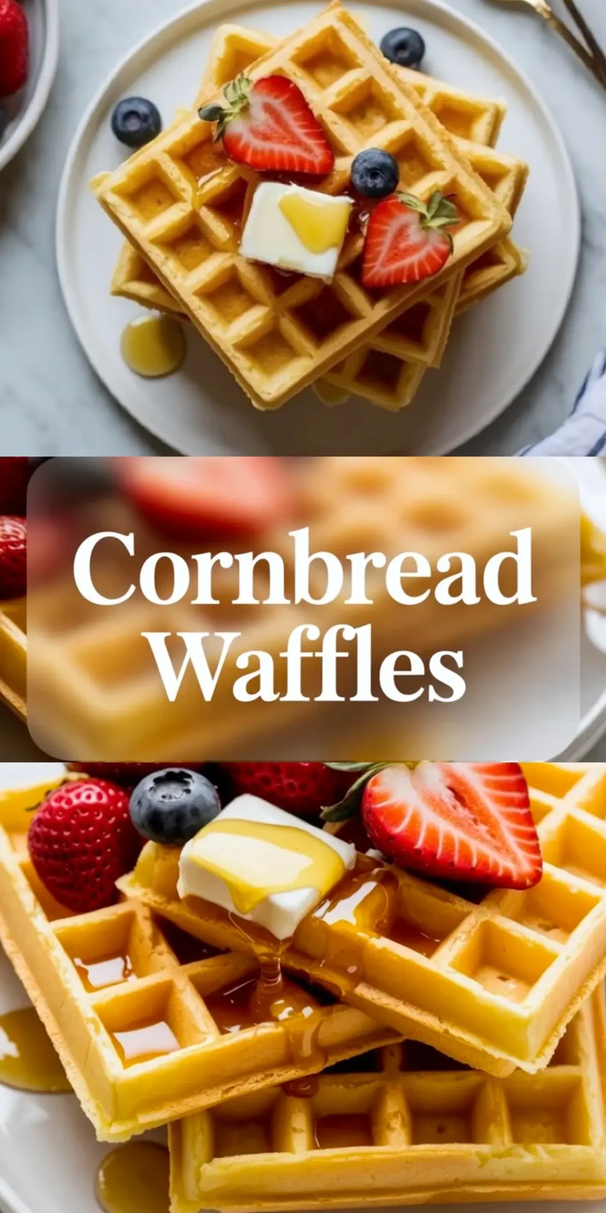 Vertical collage shows stacked cornbread waffles topped with strawberries, blueberries, butter, and maple syrup with large text overlay that reads Cornbread Waffles with berries, vibrant breakfast recipe image styled for Pinterest sharing.