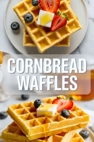 Vertical collage shows close up of golden cornbread waffles stacked high with fresh strawberries, blueberries, butter, and maple syrup drizzle, with bold title text Cornbread Waffles across the center, eye catching brunch recipe pin image.