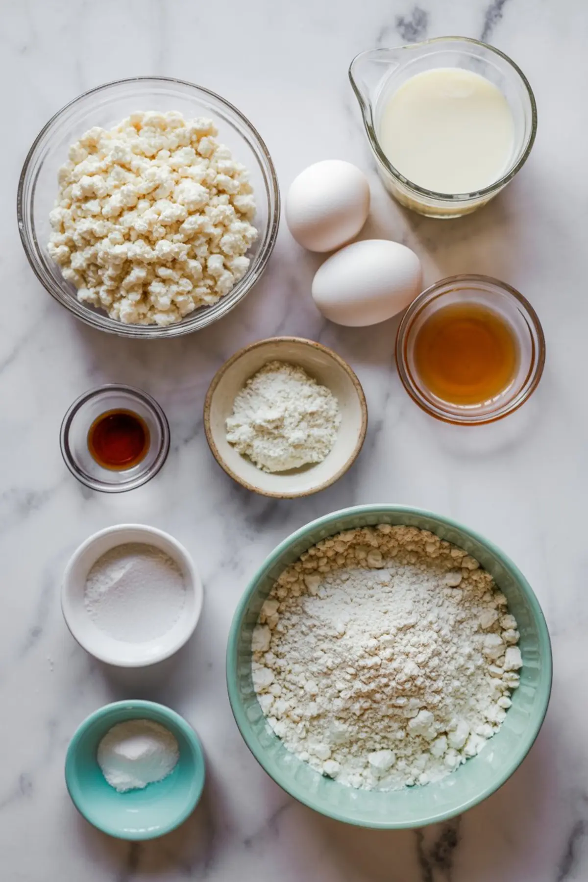 Flat lay of cottage cheese pancake ingredients on a marble surface, including flour, sugar, cottage cheese, eggs, milk, vanilla extract, baking powder, and oil in separate bowls.

