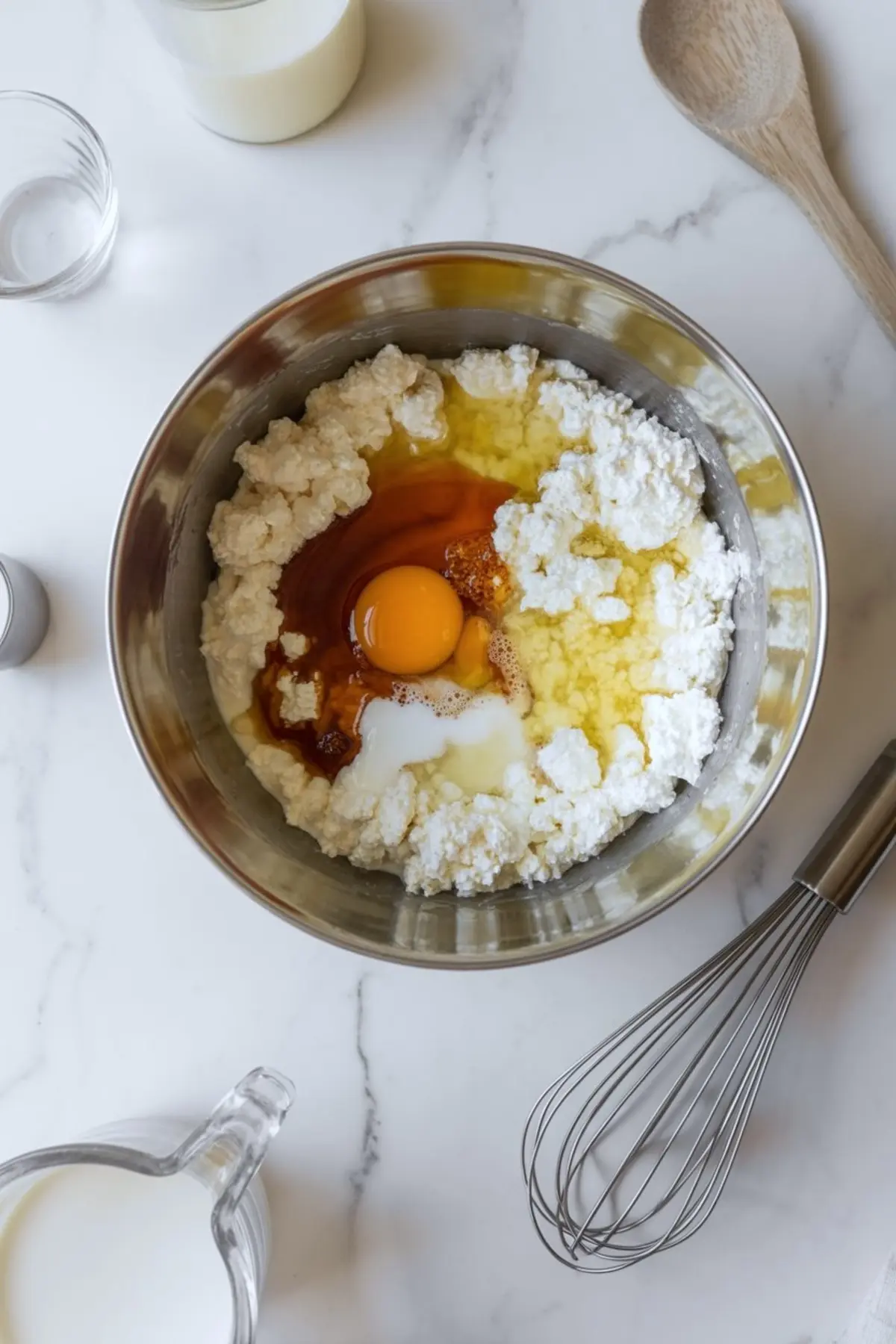 Raw pancake batter ingredients in a mixing bowl including cottage cheese, egg, vanilla, milk, and oil, surrounded by a whisk, wooden spoon, and measuring pitcher on a white counter.

