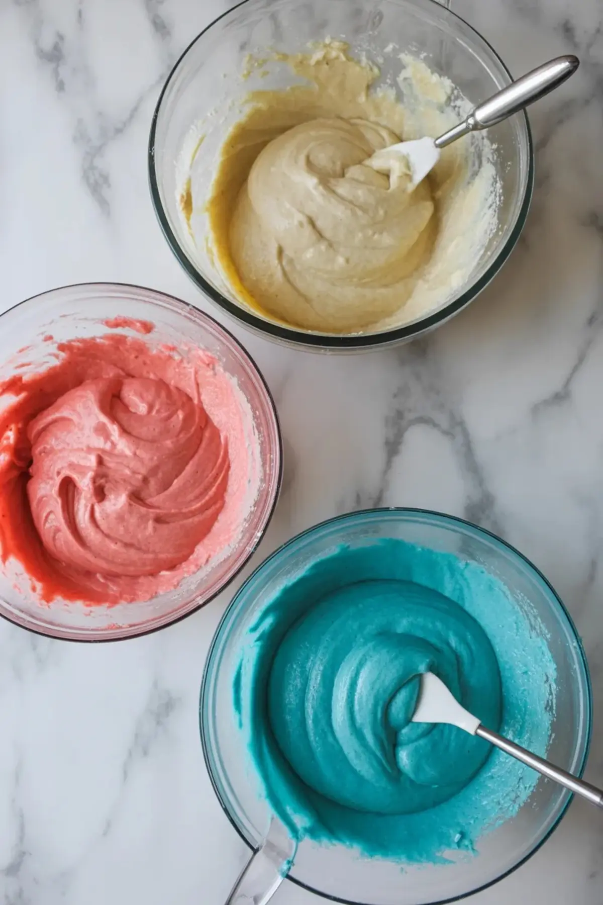 Glass mixing bowls filled with pastel cake batter in three colors—vanilla cream, pink, and aqua blue—set on a white marble surface with silicone spatulas.

