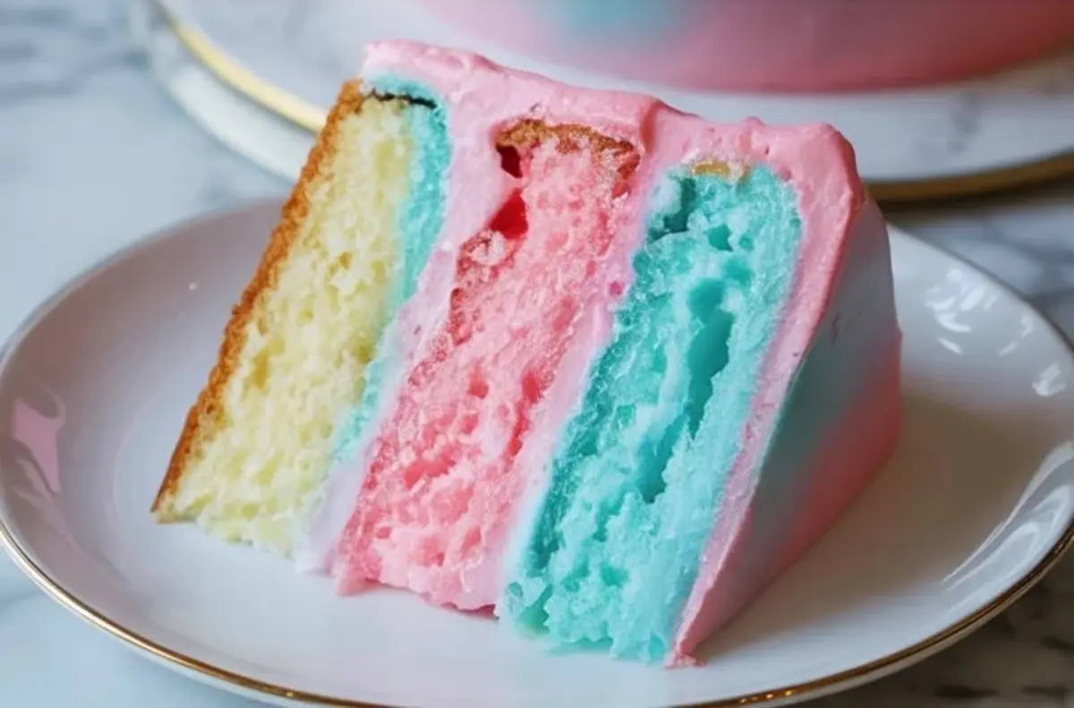 Single slice of pastel layer cake with fluffy pink frosting, featuring three layers in yellow vanilla, pink strawberry, and blue raspberry, served on a white plate with gold rim.
