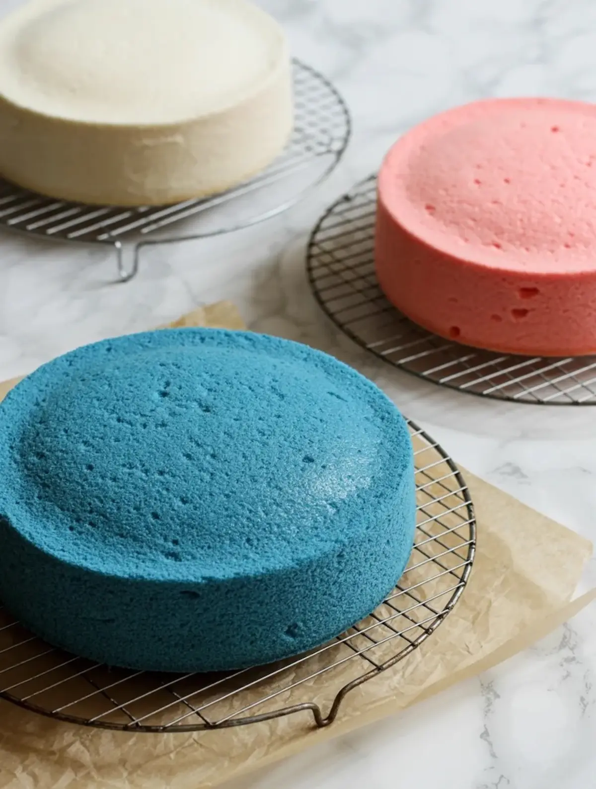 Three round cake layers in blue, pink, and white resting on wire cooling racks over parchment paper, ready for stacking and decorating.
