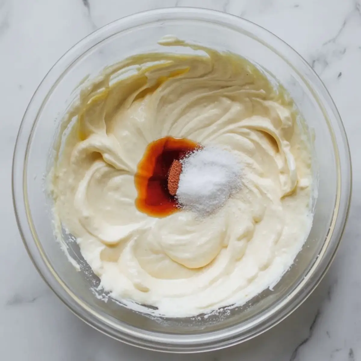 Glass bowl with whipped cream cheese mixture topped with vanilla extract, white sugar, and cinnamon, sitting on a marble surface. Cream cheese frosting preparation with baking ingredients.
