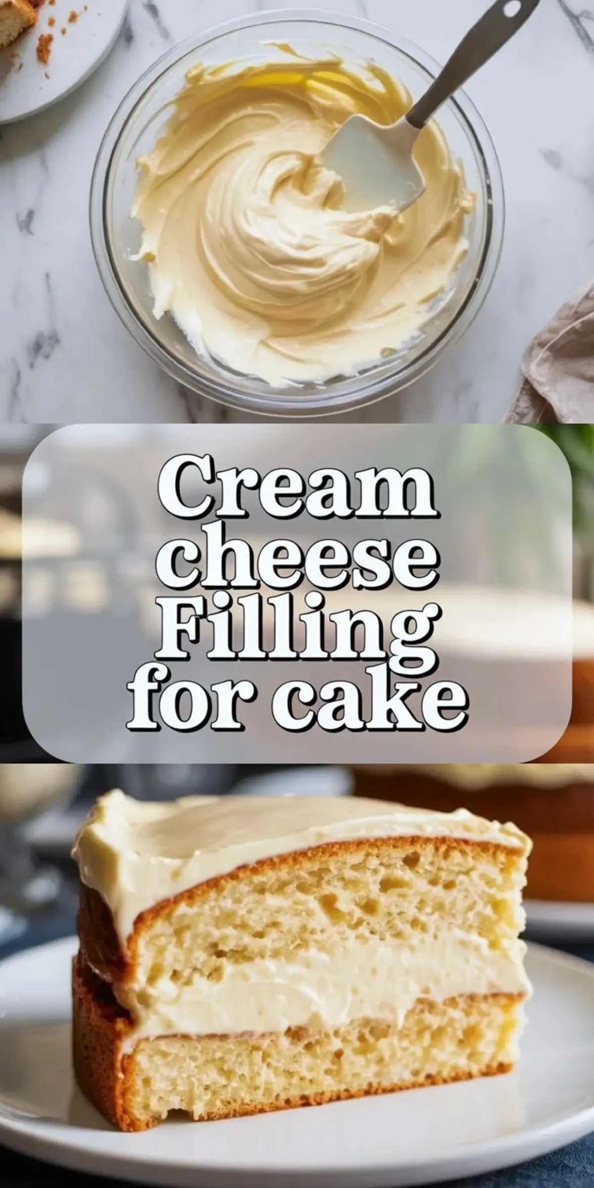 Bowl of swirled cream cheese filling with a spatula and a slice of yellow cake with thick cream cheese filling in the center and on top. Cake decorating and dessert inspiration with creamy texture.
