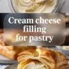 Glass bowl with creamy cheese mixture and spatula, paired with golden brown pastry cut to show the soft cream cheese center. Bakery-style pastry with sweet cheese filling.