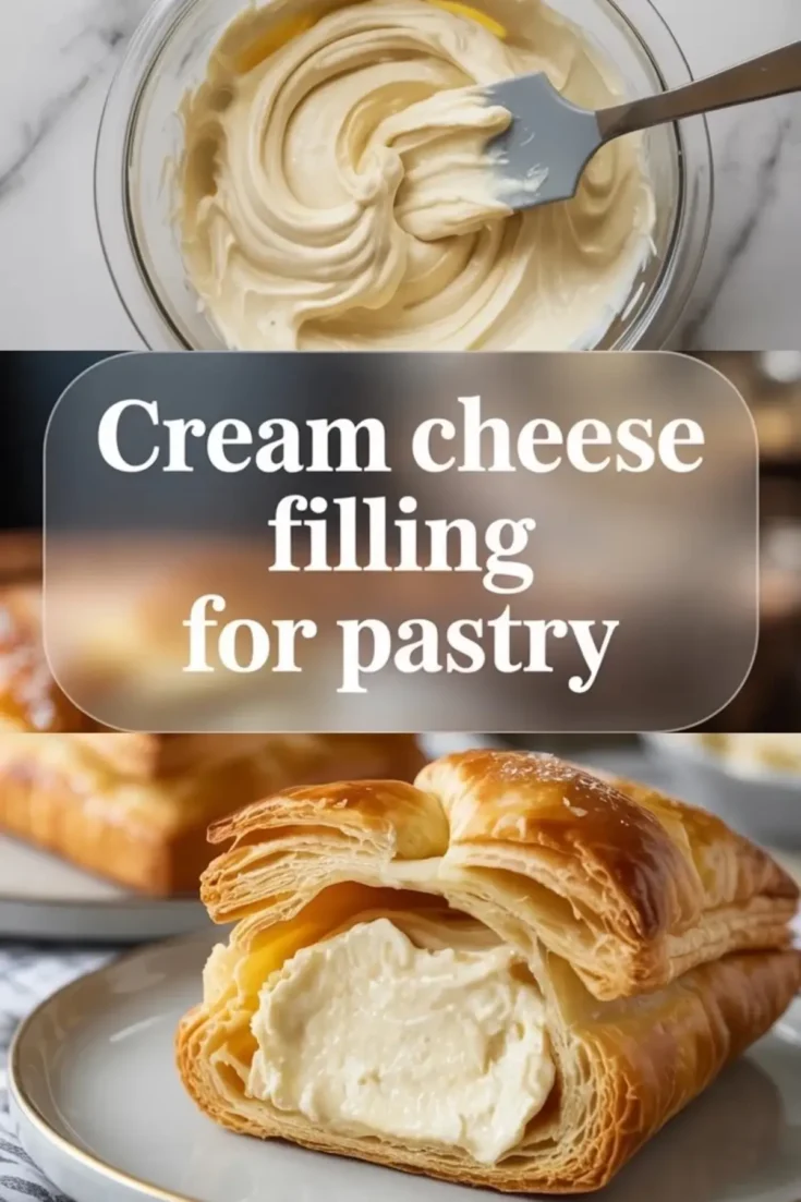 Glass bowl with creamy cheese mixture and spatula, paired with golden brown pastry cut to show the soft cream cheese center. Bakery-style pastry with sweet cheese filling.