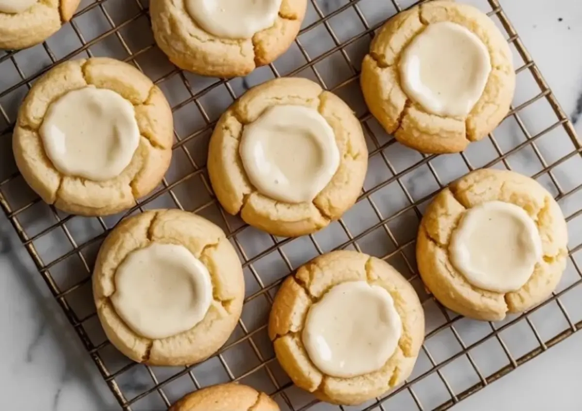 Freshly baked sugar cookies with crackled tops and creamy vanilla frosting centers cool on a wire rack, showing a classic bakery-style cookie presentation.
