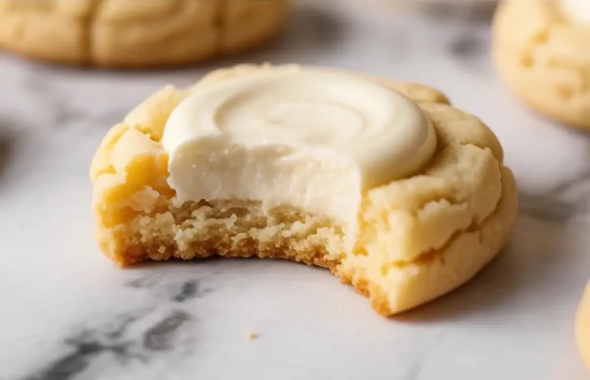 A soft sugar cookie with a thick vanilla frosting center shows a bite that reveals a tender crumb and creamy filling on a marble surface.
