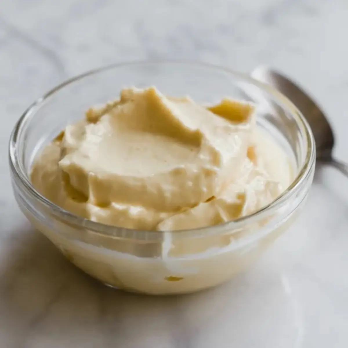 Cream cheese frosting fills a small glass bowl with smooth swirls and a spoon beside it, showing homemade buttercream icing for cookies.
