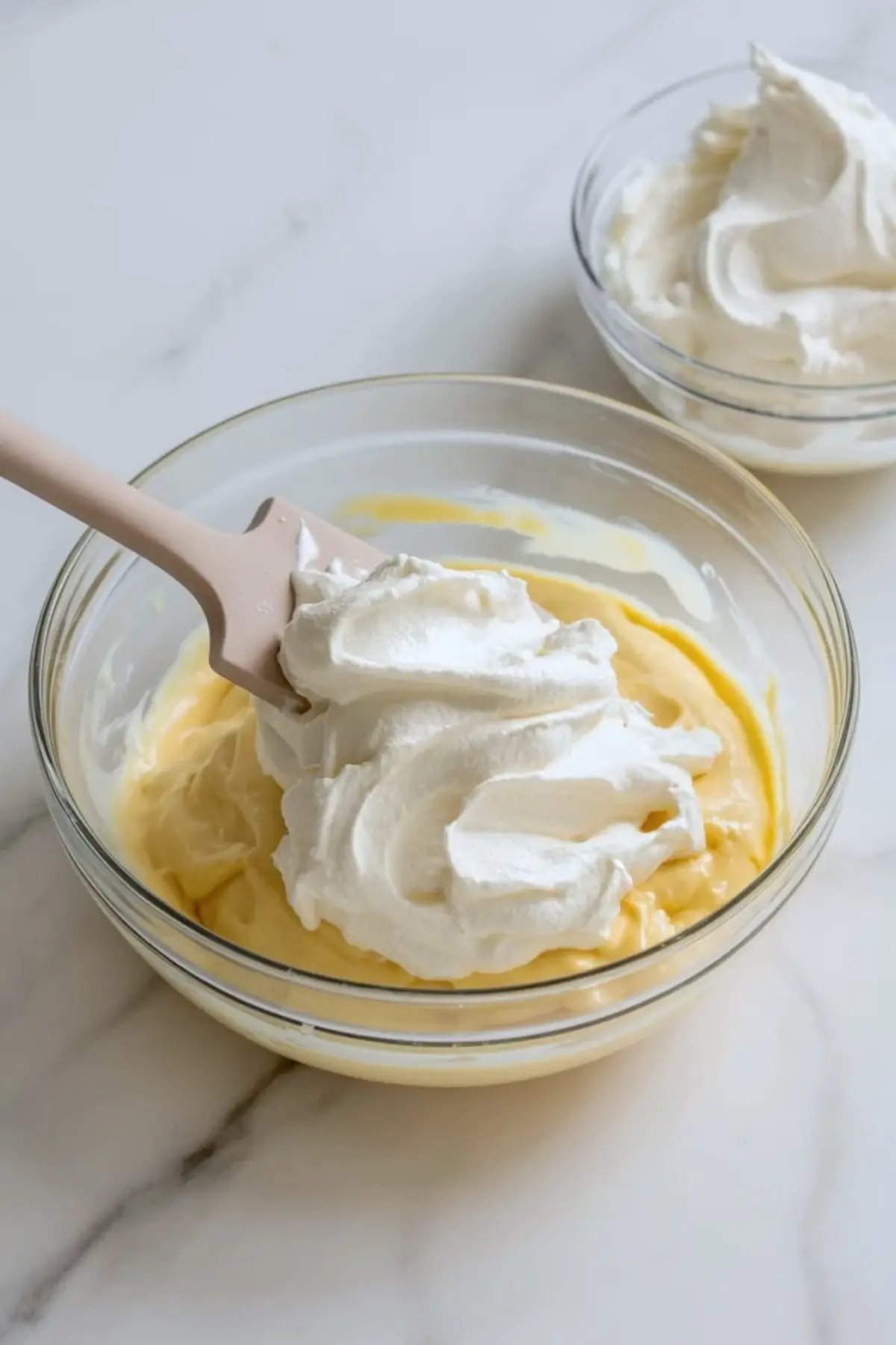 Silicone spatula folds thick whipped topping into creamy yellow vanilla pudding in a clear glass bowl on a marble countertop, showing smooth texture for homemade banana pudding filling.
