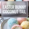 A glass bowl holds a thick coconut and sweetened condensed milk mixture. A spatula rests inside the bowl. The mixture looks creamy and sticky. The image shows step by step preparation for no bake coconut balls and easy Easter dessert recipe.