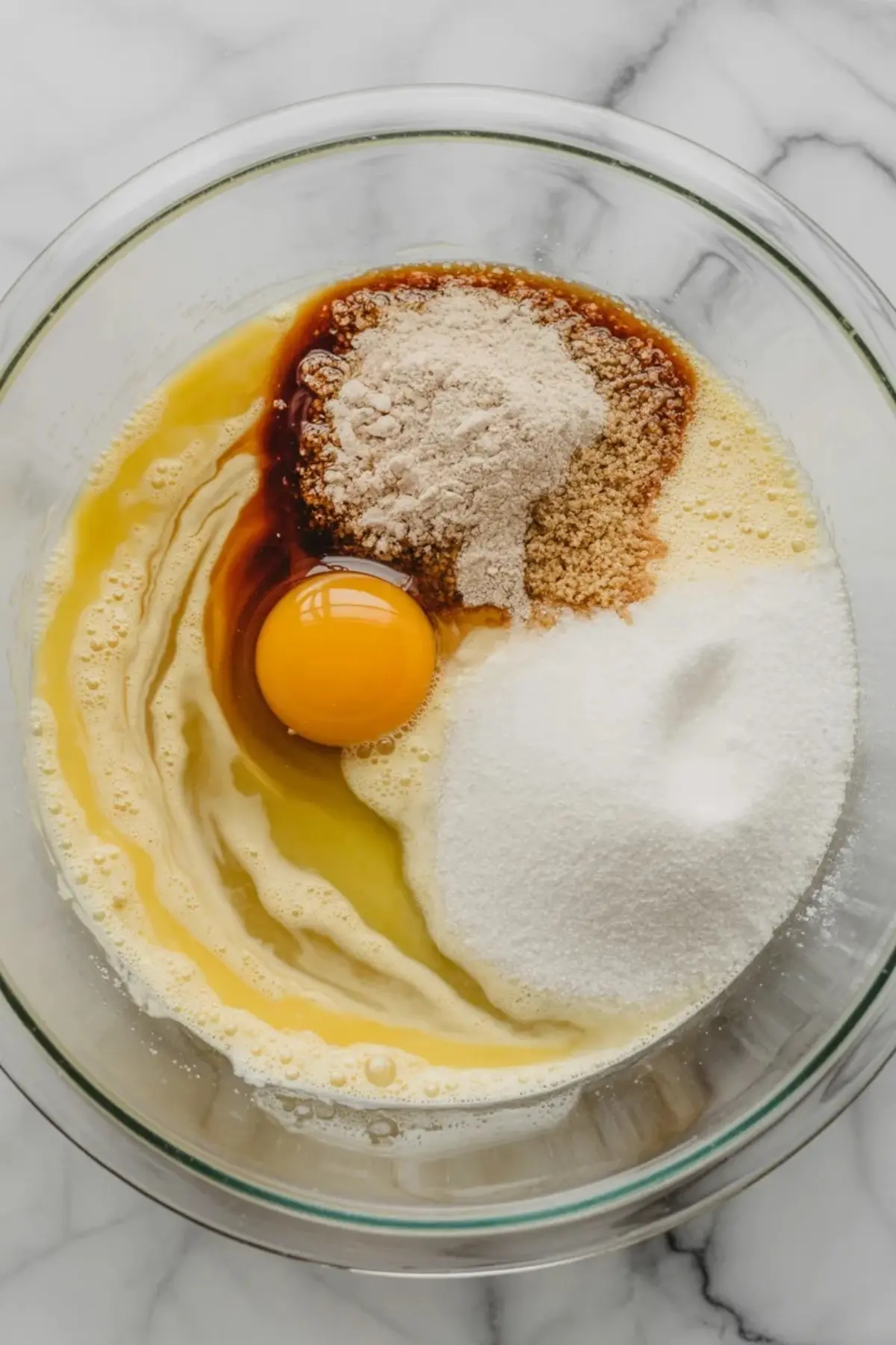 Overhead view of baking ingredients in a glass bowl including an egg, sugar, flour, brown sugar, and vanilla extract on a marble countertop, ready for mixing Easter roll dough.