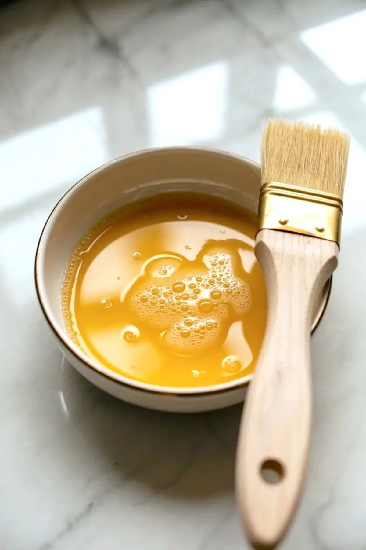 Small bowl of beaten egg yolk with visible bubbles and a pastry brush resting on the rim, ready for glazing Easter crescent roll dough on a marble counter.