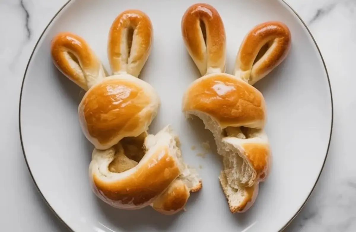 Two Easter bunny-shaped crescent rolls with upright ears and golden tops placed on a white plate, one roll partially eaten to reveal soft and fluffy bread inside.