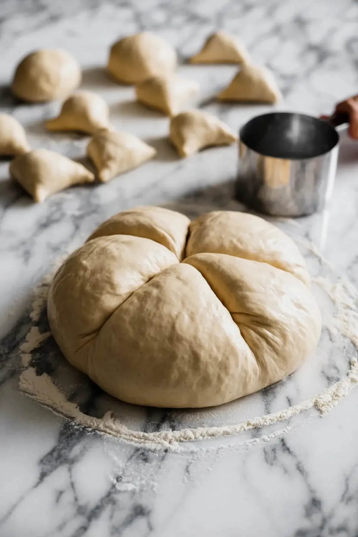 Fresh bread dough ball sectioned into six portions resting on a floured marble surface, with a metal measuring cup and triangular dough cuts in the background for Easter roll preparation.