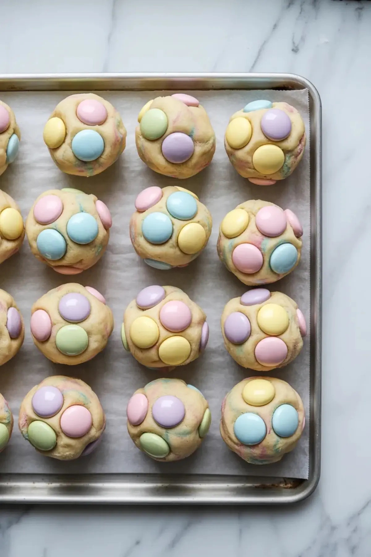 Overhead view shows raw Easter funfetti cookie dough balls on a parchment lined baking sheet. The dough balls hold pastel candy coated chocolate pieces in pink, yellow, blue, and purple. The tray sits on a white marble surface. The image highlights colorful Easter cookie dough ready for baking.
