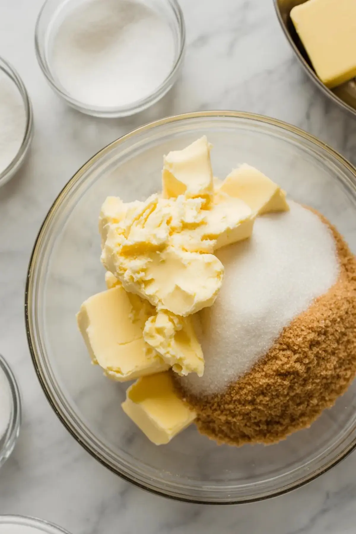 Glass bowl holds softened butter, white sugar, and brown sugar for Easter funfetti cookies. Small prep bowls sit nearby on a marble surface. The image shows classic baking ingredients for soft sugar cookies.
