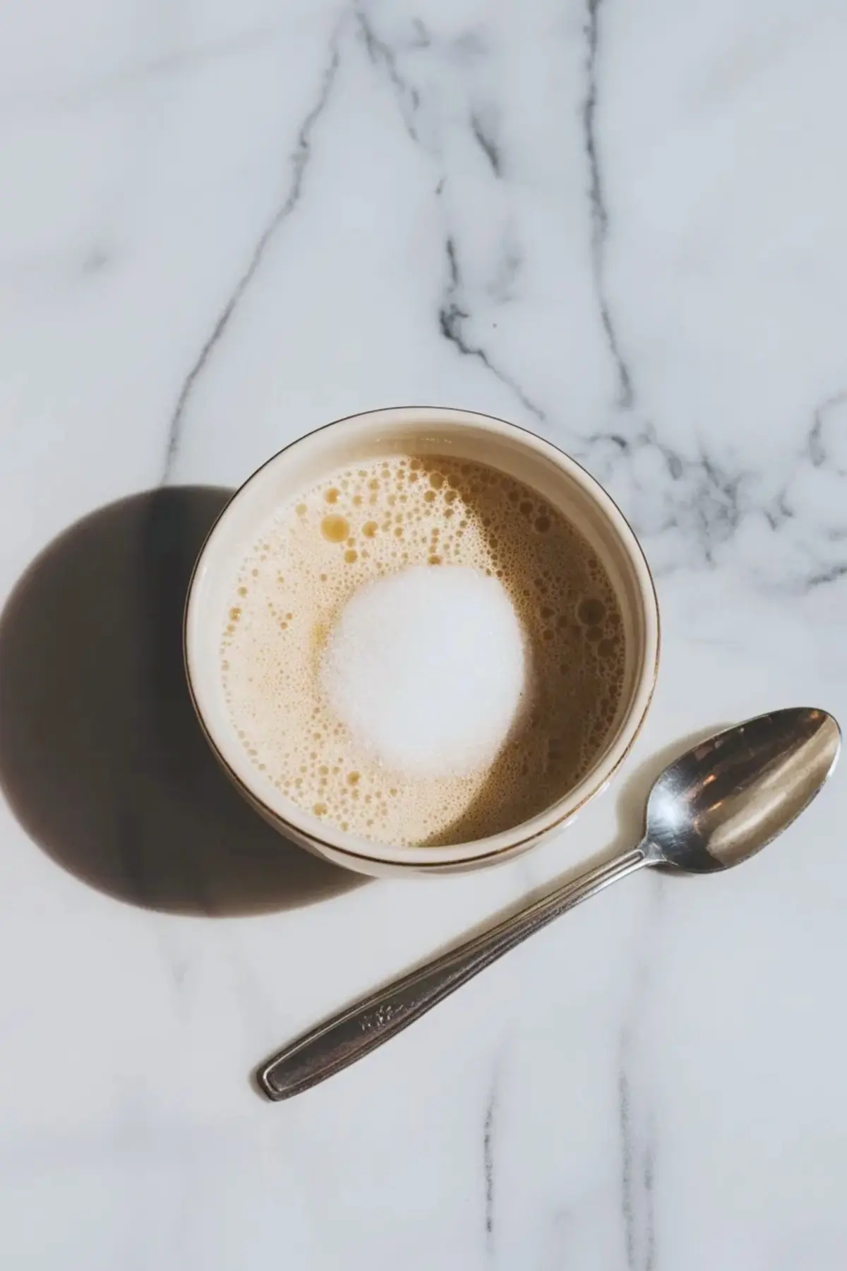 Cup of frothy coffee sits on a white marble countertop with a silver spoon beside it. Light foam forms a circle in the center of the creamy coffee, creating a cozy breakfast scene.
