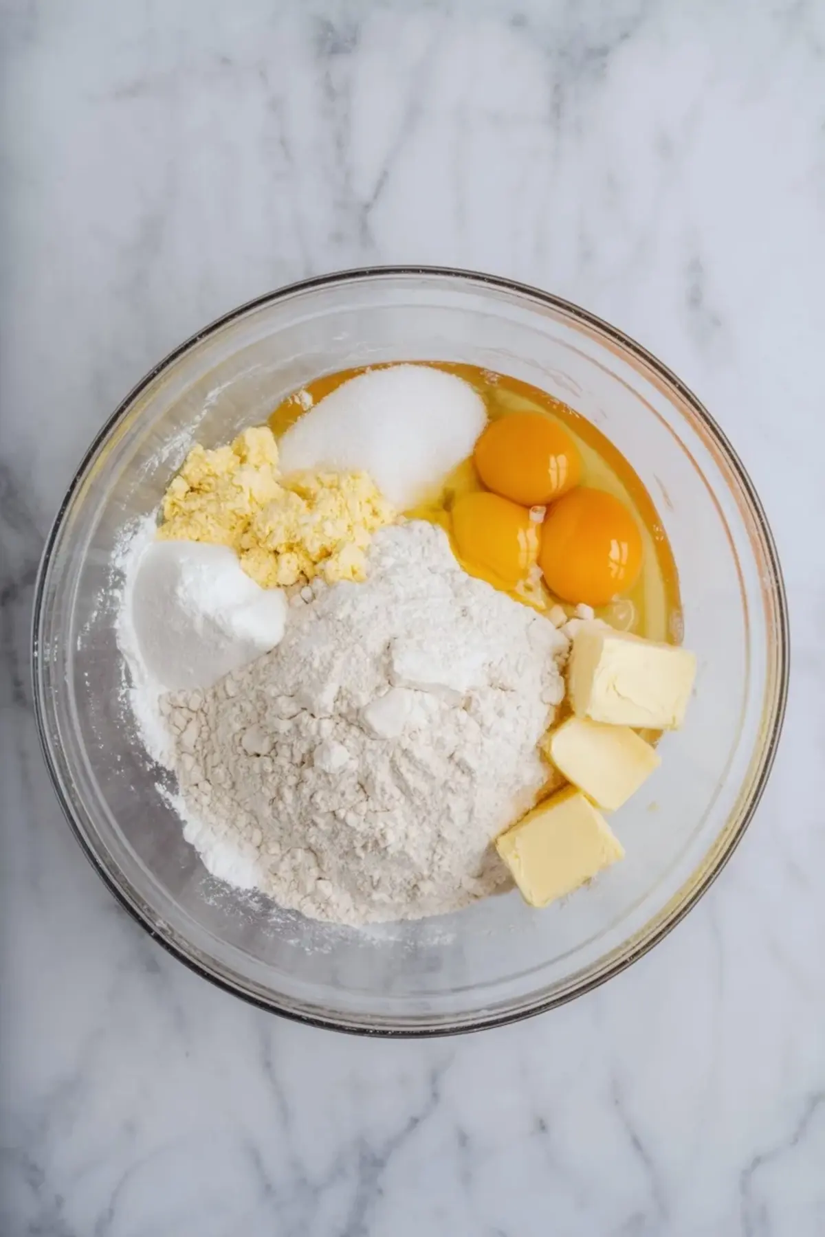 Glass mixing bowl holds flour, eggs, butter, sugar, and baking ingredients on a marble countertop. Raw ingredients prepare sweet Italian Easter bread dough for baking.
