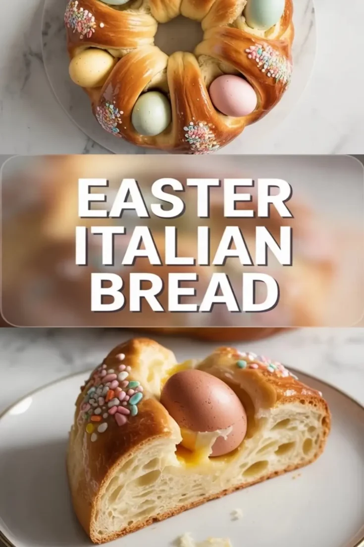 Easter Italian bread collage shows a braided bread ring decorated with pastel eggs and rainbow sprinkles on a marble surface. Text overlay reads Easter Italian Bread. Bottom image shows a sliced brioche bread with a whole baked egg in the center and soft tender crumb on a white plate.
