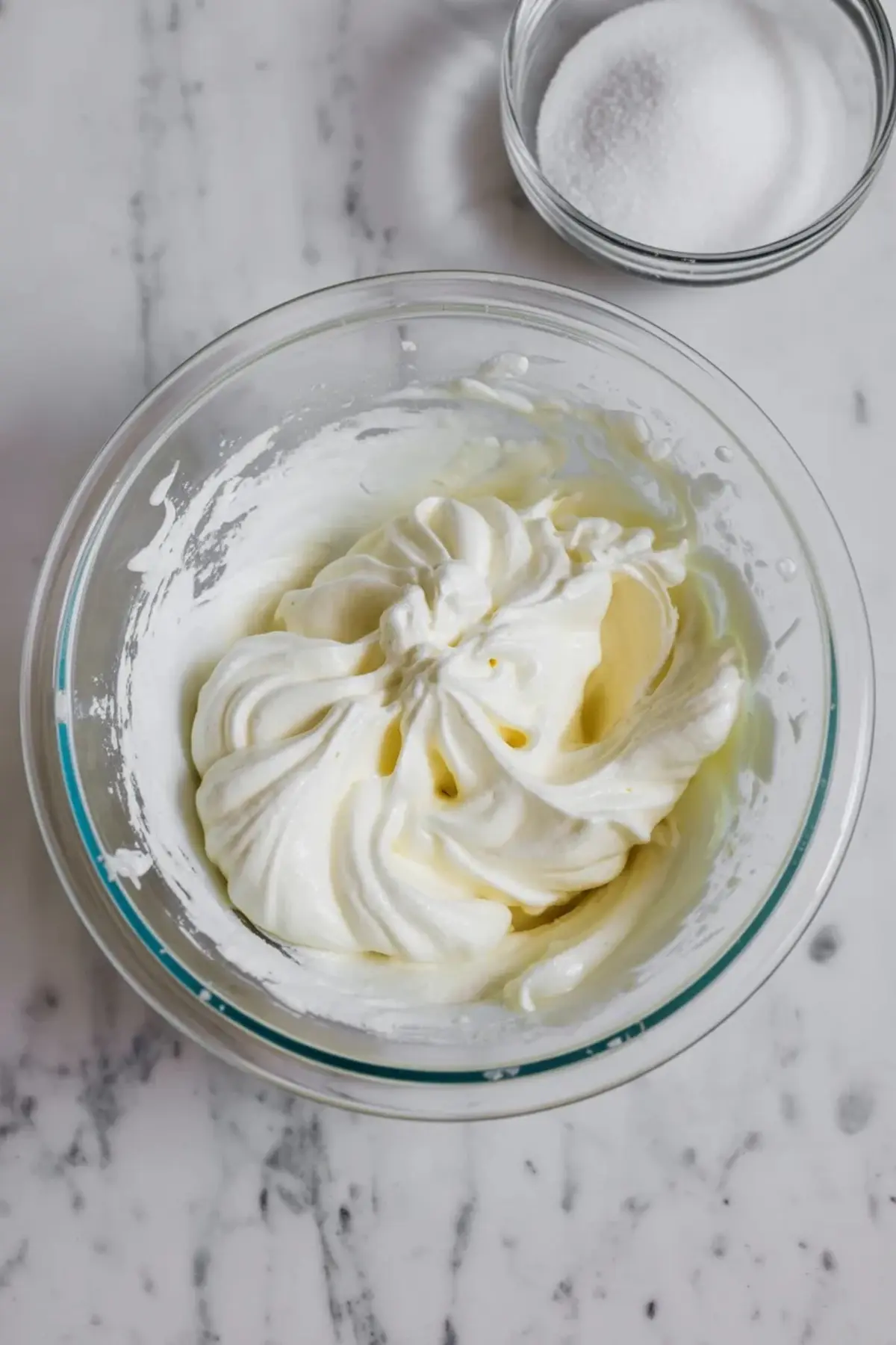 Glass bowl filled with thick whipped cream with soft peaks on a marble surface, next to a smaller bowl of granulated sugar for baking preparation.
